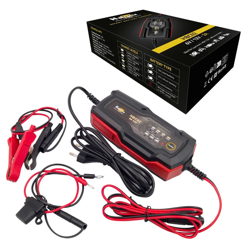HAIJIU Caricabatteria Modello HBC02 - 12V - 2A - per Acido/AGM/Gel/Litio