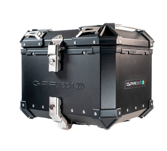 BAULETTO GPR TECH TOP CASE ALPI-TECH 45 LT. BLACK + SCHIENALE DI PROTEZIONE BAULETTO TOP CASE IN ALLUMINIO CON SCHIENALE MORBIDO INCLUSO, COLORE NERO CON PIASTRA UNIVERSALE INCLUSA